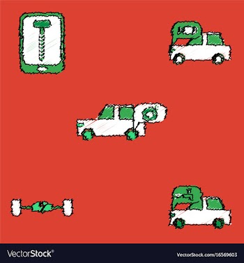 Collection of icons and vehicle parts in hatching vector image