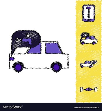 Collection of icons and vehicle parts in hatching vector image