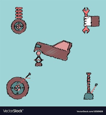 Collection of icons and vehicle parts in hatching vector image