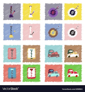 Collection of icons and vehicle parts in hatching vector image
