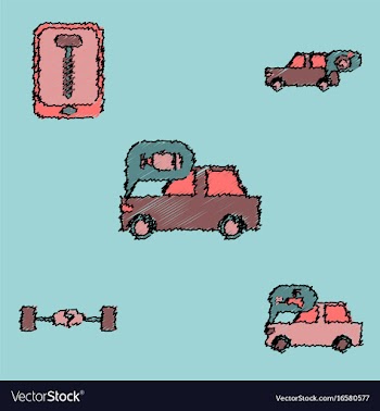 Collection of icons and vehicle parts in hatching vector image