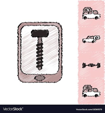 Collection of icons and vehicle parts in hatching vector image