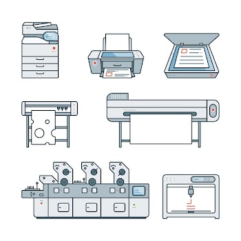 Collection of linear,flat Offset Printer,3D printer,Scanner,Laser printer,Plotter machine,Cutting plotter,InkJet printer,Copy Machine,photo,large format Printer.Vector illustration. Isolated on white