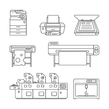 Collection of linear,flat Offset Printer,3D printer,Scanner,Laser printer,Plotter machine,Cutting plotter,InkJet printer,Copy Machine,photo,large format Printer.Vector illustration. Isolated on white