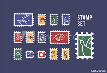 Collection of postage stamps with animals, birds, flowers and fruits isolated on dark background