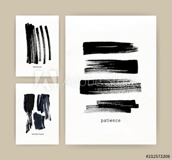 Collection of vertical minimalistic poster, flyer or card templates with black ink or paint traces, daub, scribble or brush strokes on white background