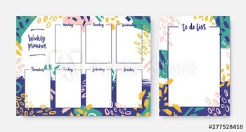 Collection of weekly planner and to-do-list templates with frame decorated by bright colored brush strokes and scribble