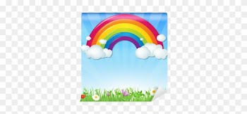 Color Rainbow With Clouds Grass And Flowers Wall Mural - Color Rainbow With Clouds