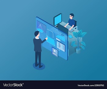 Colored 3d office workplace isometric composition vector image