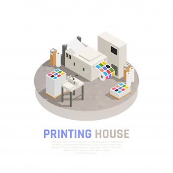 Colored and isolated printing house polygraphy isometric composition with monochrome color printing room vector illustration Free Vector