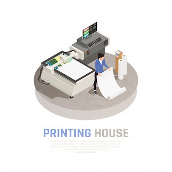Colored and isometric printing house polygraphy composition with employer of polygraphy office vector illustration Free Vector