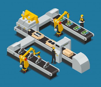 Colored car electronics auto electronics isometric factory composition with robotized process in the factory Free Vector