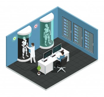 Colored realistic artificial intelligence isometric composition with scientific laboratory with a scientist Free Vector