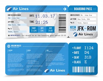 Colored realistic boarding pass composition with information about passenger on the front side and the back Free Vector