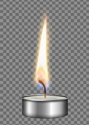 Colored realistic candle metal case flame fire light composition on transparent background  illustration Free Vector