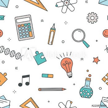 Colored seamless pattern with stationery and items for school, college or university education and scientific research on white background