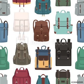 Colored seamless pattern with trendy backpacks or rucksacks of different models