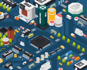 Colored semiconductor electronic components isometric city concept with different elements combined in city Free Vector