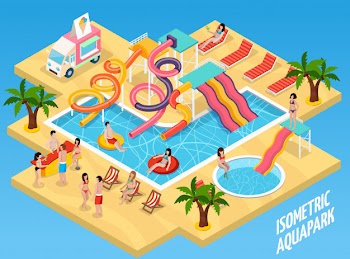 Colored water park aquapark isometric composition Free Vector