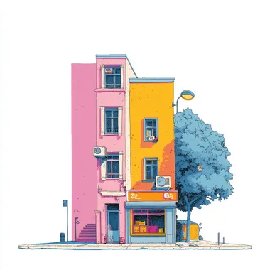 Colorful 90's Street Art Inspired Building Illustration