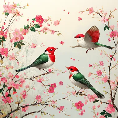 Colorful Birds Perched on a Tall Tree in a Vibrant Forest Setting Colorful Birds Perched on a Tall Tree in a Vibrant Forest Setting