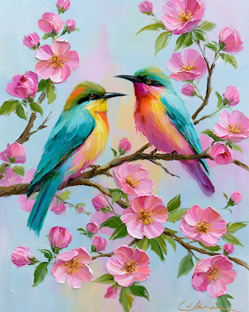 Colorful Birds Perched on Blooming Floral Branch
