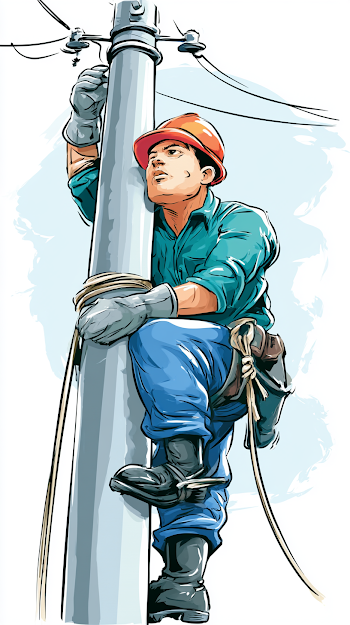 Colorful Cartoon Electrical Utility Lineman Climbing Power Pole