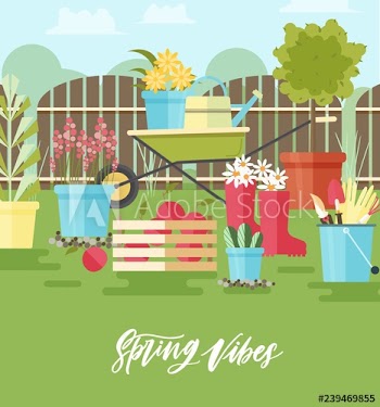 Colorful composition with tools and equipment for gardening, agriculture and agricultural work, plants cultivation, fruits gathered in crate and Spring Vibes lettering