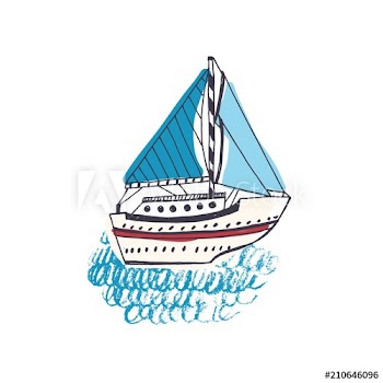 Colorful drawing of passenger ship, sailing boat or marine vessel with sail in sea