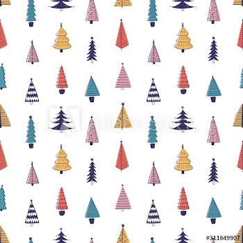 Colorful fir trees hand drawn vector seamless pattern