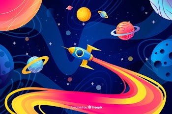 Colorful gradient space with a rocket background Free Vector