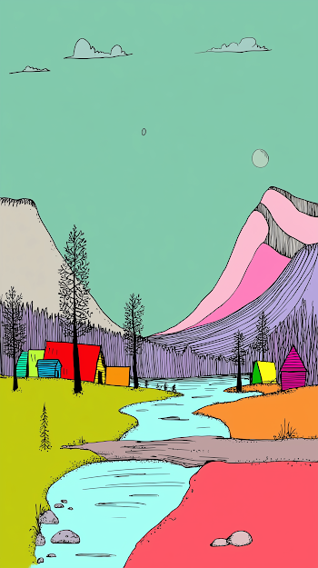 Colorful Illustrated Mountain Landscape