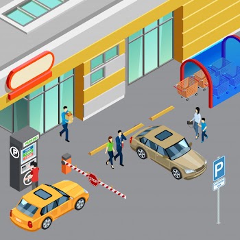 Colorful isometric composition with vending machine on parking zone near shopping center 3d vector illustration Free Vector
