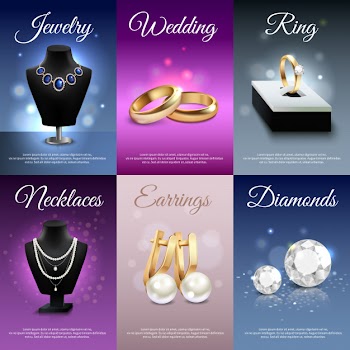 Colorful jewelry realistic banners with necklaces rings earrings diamonds Free Vector