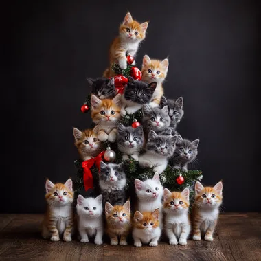 Colorful Kittens Sitting on a Christmas Tree in Cozy Living Room