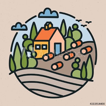 Colorful logotype with rural or countryside landscape, farm building, hills and field in modern line art style
