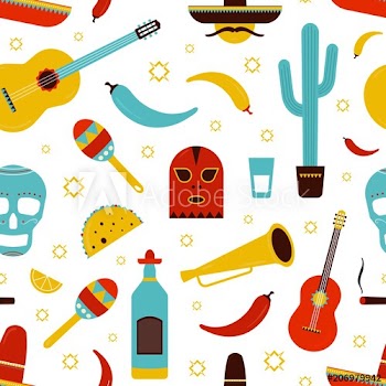 Colorful Mexico seamless pattern with traditional Mexican attributes on white background - tequila, chili pepper, sombrero, guitar, cactus, tacos, maracas, sugar skull