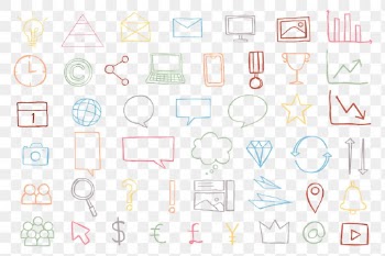 Colorful png business presentation icons doodle set