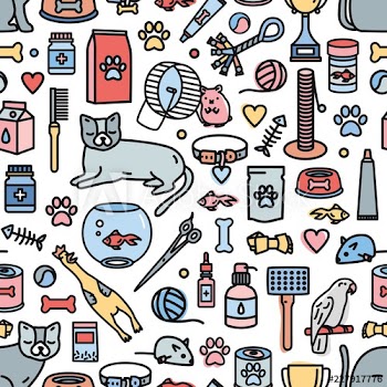 Colorful seamless pattern with domestic animals and tools for pet care, entertainment, grooming on white background