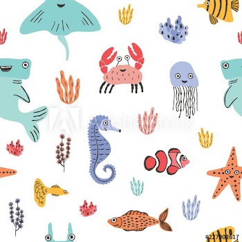 Colorful seamless pattern with funny marine animals or underwater creatures, corals and seaweed on white background