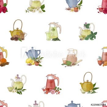Colorful seamless pattern with hand drawn tools for brewing and drinking tea - glass teapot, cup, lemon, herbs and spices