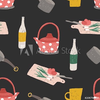 Colorful seamless pattern with kitchen utensils, cookware, tools for homemade meals preparation or home cooking on black background