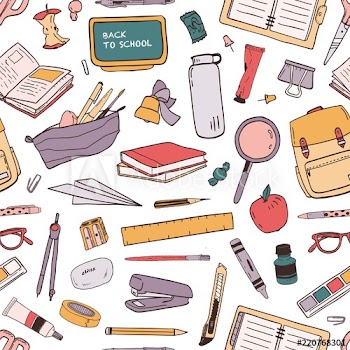 Colorful seamless pattern with scattered school supplies or stationery for education on white background