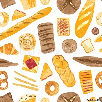 Colorful seamless pattern with tasty homemade baked breads, buns, baguettes, bagels, croissants, pretzels, toasts and wafers on white background