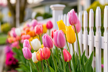 Colorful Tulip Garden by a White Picket Fence