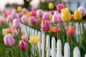 Colorful Tulips Blooming by a White Picket Fence
