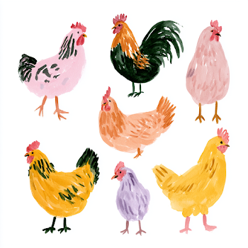 Colorful Watercolor Chickens Asset Sheet