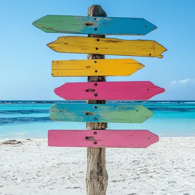Colorful Wooden Signpost on Seaside Beach Colorful Wooden Signpost on Seaside Beach