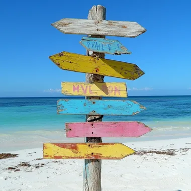 Colorful Wooden Signpost on Tropical Beach Colorful Wooden Signpost on Tropical Beach