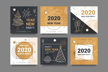 Colourful instagram post 2020 new year with sketches of trees Free Vector